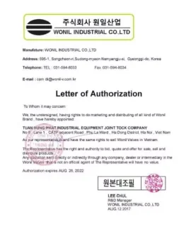 Giấy ủy quyền của hãng Wonil Hàn Quốc cho công ty Tuấn Hưng Phát